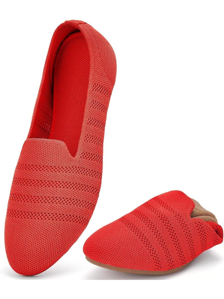 Women's Red 2 Ballet Flat Knit Round Toe Textile Slip On Walking Shoes